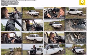 Alena gets stuck and slips in the mud in high heeled boots