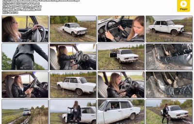 Alena gets stuck and slips in the mud in high heeled boots