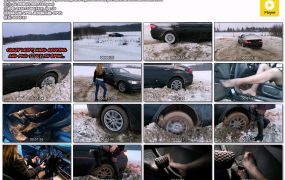 st-239-Russian girl in sexy stockings and high heel boots got stuck hard in mud in BMW